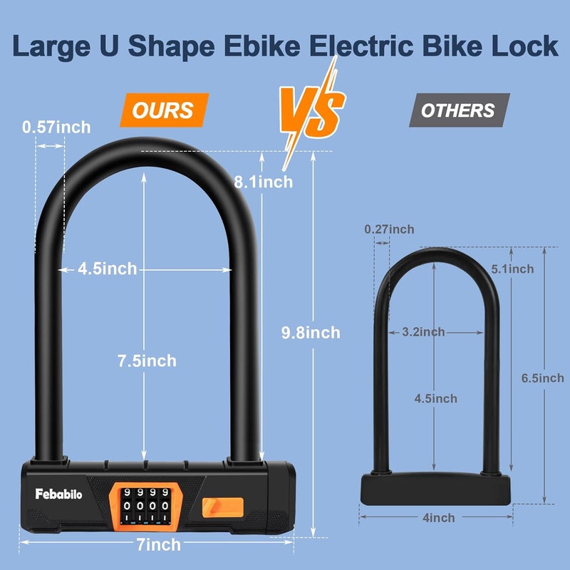 Febabilo Bike Locks Heavy Duty Anti Theft, Combo Bike U Lock, 4-Digit Resettable Combination E-Bike Large U Shaped Lock with 5Ft Steel Cable for Electric Bike, Bicycle, Escooter, Motorcycle,Door - Image 3